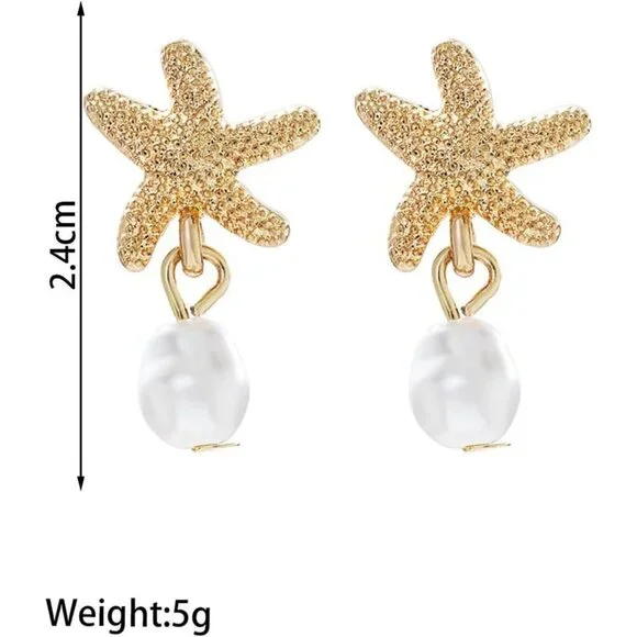Women's Gold Starfish Dangle Earrings Dainty Pearl Ocean Beach Jewelry Gifts - Picture 4 of 7